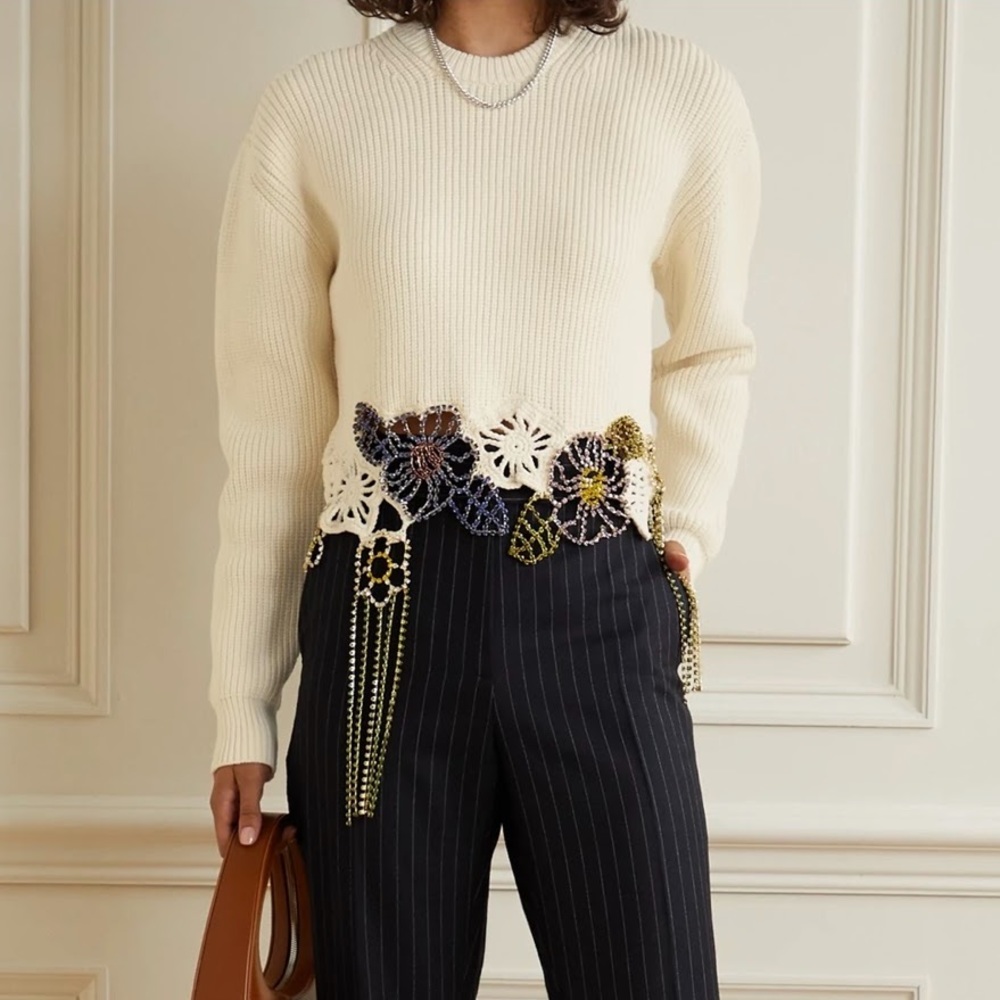 AREA NYC cropped crystal embellished ribbed cotton blend sweater
